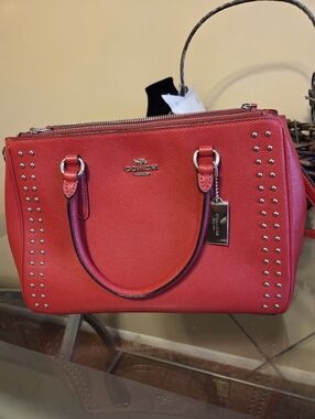 Coach Red Studded Satchel with Top Handles And Crossbody Strap